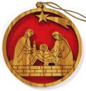 Presepe circolare con Sacra Famiglia e stella cometa in legno d'ulivo su sfondo rosso
