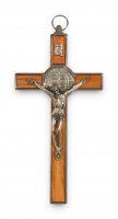 Croce di San Benedetto in legno d'ulivo e metallo - altezza 20 cm