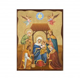 Copertina di 'Icona in legno massello e foglia d'oro "Sacra Famiglia con Re Magi" -  dimensioni 27x21 cm'