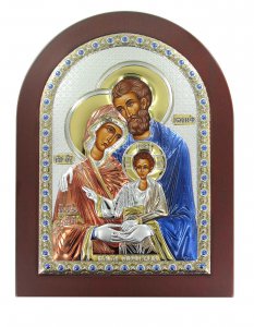 Copertina di 'Icona Sacra Famiglia greca a forma di arco con lastra in argento - 20 x 26 cm'
