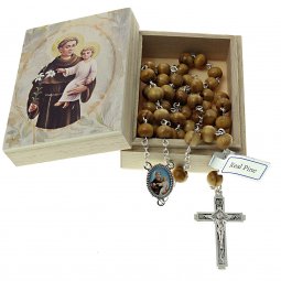 Copertina di 'Scatolina portarosario con rosario in legno di pino "Sant'Antonio di Padova"'