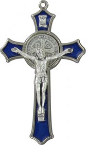 Copertina di 'Croce San Benedetto in metallo nichelato con smalto blu - 7,5 cm'