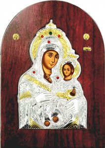 Copertina di 'Icona Madonna di Betlemme Greca a forma di arco in argento con dettagli in oro e cristalli - 14 x 10 cm'
