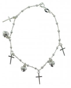 Copertina di 'Bracciale in argento 925 con grani tondi mm 1 e pendenti a forma di croce e cuore'