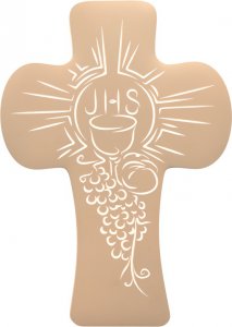Copertina di 'Croce bombata in polimero con intaglio dei simboli della "Prima Comunione" - altezza 14 cm'