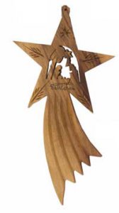 Copertina di 'Cometa in legno d'ulivo per albero di Natale con Natività traforata - lunghezza 16 cm'