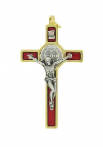 Copertina di 'Croce di San Benedetto in ottone dorato con smalto rosso - 5 cm'
