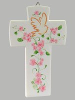 Croce con colomba effetto pietra - Fiore rosa