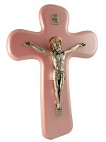 Croce con Cristo in metallo rosa - altezza 22 cm