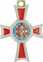Immagine di 'Croce San Benedetto coniata con bagno d'oro 24 kt con smalto rosso - 2,6 cm'