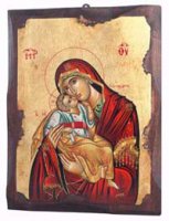 Icona in legno dipinta a mano "Madonna dolce amore dal manto rosso" - dimensioni 21x16 cm