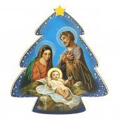 Albero di Natale in legno da appendere con Nativit classica blu + cartoncino con preghiera - dimensioni 11 x 12,5 cm