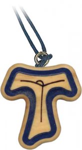 Copertina di 'Ciondolo con croce Tau in legno d'ulivo e bordi colorati - altezza 3 cm'