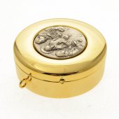Immagine di 'Scatola porta ostie dorata con placca in argento "Ultima cena" - diametro 9 cm'