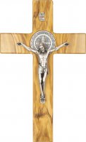 Croce di San Benedetto in legno d'ulivo e metallo - altezza 18 cm