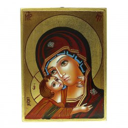 Copertina di 'Icona bizantina dipinta a mano "Madonna della Tenerezza Vladimirskaja col manto rosso" e profilo dorato - 18x14 cm'