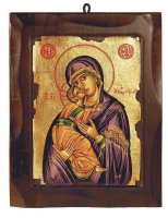 Icona in legno dipinta a mano "Madonna odigitria dal manto viola" - dimensioni 23,5x18,5 cm