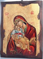 Icona in legno dipinta a mano "Madonna dolce amore dal manto rosso" - dimensioni 28x21 cm