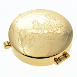 Copertina di 'Teca eucaristica porta ostie in ottone dorato "Ultima Cena" - diametro 5,3 cm'