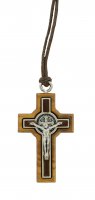 Croce San Benedetto in legno d'ulivo e metallo con cordone - 4 cm