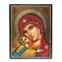 Icona bizantina dipinta a mano "Madonna della Tenerezza Vladimirskaja" con decoro a rilievo - 18x14 cm