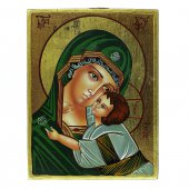 Icona bizantina dipinta a mano "Madonna della Tenerezza Vladimirskaja col manto verde" e profilo dorato - 18x14 cm