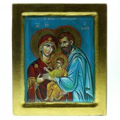 Icona greca dipinta a mano "Sacra Famiglia con Gesù benedicente" su sfondo azzurro - 27x23 cm