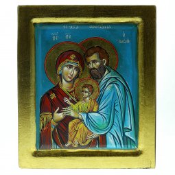 Copertina di 'Icona greca dipinta a mano "Sacra Famiglia con Ges benedicente" su sfondo azzurro - 27x23 cm'