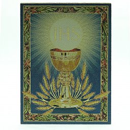 Copertina di 'Quadretto in legno blu e oro "Calice, spighe e JHS" - dimensioni 10,5x7,5 cm'