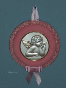 Copertina di 'Sopraculla rotondo rosa con placca in argento bordata d'oro "Angioletto" - diametro 12 cm'