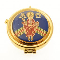 Copertina di 'Teca eucaristica porta ostie smaltata "Cristo in trono" - diametro 5,3 cm'