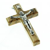 Croce in legno d'ulivo con corpo in metallo e pagellina - dimensioni 7x4,5 cm