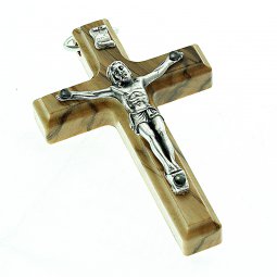 Copertina di 'Croce in legno d'ulivo con corpo in metallo e pagellina - dimensioni 7x4,5 cm'