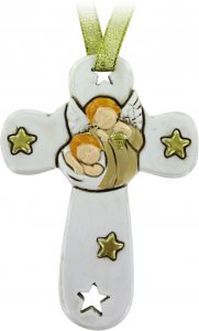 Copertina di 'Bomboniera battesimo: Croce in resina bianca con angelo custode - 8,5 cm'