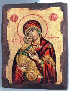 Copertina di 'Icona in legno dipinta a mano "Maria Odigitria dal manto rosso" - dimensioni 21x16 cm'