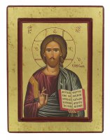 Icona greca in legno "Cristo Pantocratore con libro aperto" - 23,5x18,5 cm