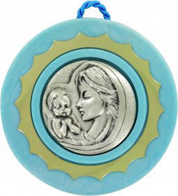 Copertina di 'Sopraculla in argento 925 raffigurante la Madonna col bambino (azzurro)  9 cm'