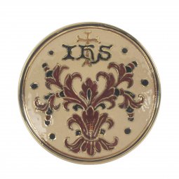 Copertina di 'Patena in ceramica simbolo IHS &quot;Modello Deruta Marrone oro graffito&quot; - 15 cm'