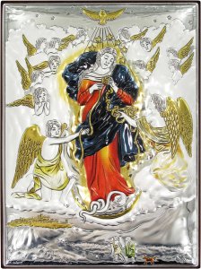 Copertina di 'Quadretto Bassorilievo di Maria che scioglie i nodi, argento 999 e dettagli colorati (18 x 13,5 cm)'