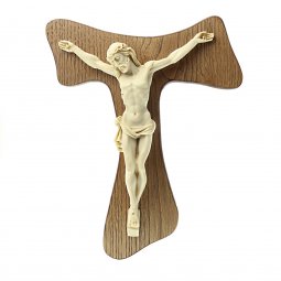 Copertina di 'Croce tau in legno di castagno con Cristo avorio - dimensioni 30x22 cm'