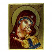 Icona bizantina dipinta a mano "Madonna della Tenerezza Vladimirskaja e Gesù con la veste dorata" - 18x14 cm