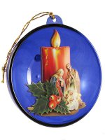 Sfera blu con Sacra Famiglia e candela rossa