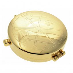 Copertina di 'Teca eucaristica porta ostie in ottone dorato "Alfa e omega e cristogramma Chi Rho" - diametro 5,3 cm'