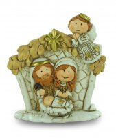 Nativit in resina colorata, decorazione natalizia/soprammobile, Sacra Famiglia con capanna e angelo, 6,5 x 7 cm