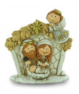 Copertina di 'Nativit in resina colorata, decorazione natalizia/soprammobile, Sacra Famiglia con capanna e angelo, 6,5 x 7 cm'