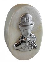 Portarosario ovale in madreperla con placca sagomata in argento "Prima Comunione" - altezza 7 cm