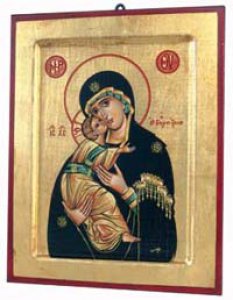 Copertina di 'Icona in legno e foglia oro "Maria Odigitria dal manto nero" - dimensioni 23x18 cm'