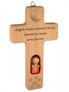 Copertina di 'Croce in legno con angioletto rosso "Angelo buono" -  dimensioni 20x11 cm'