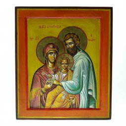 Copertina di 'Icona greca dipinta a mano "Sacra Famiglia con Ges benedicente in veste arancione" - 27x22 cm'