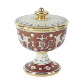 Pisside in ceramica simbolo IHS "Modello Rubino e oro" - 14 cm